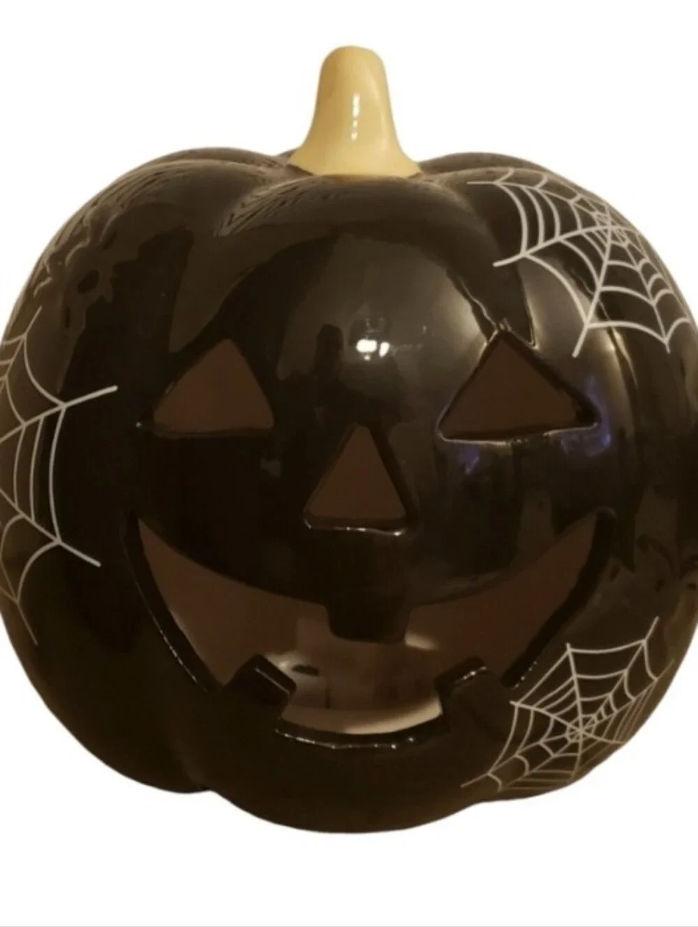 Glossy Black Ceramic Pumpkin with White Spiderweb Accents
